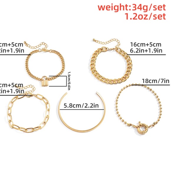 Gold Chunky Punk Cuban Chain Bracelets Set of 5 - Picture 4 of 4